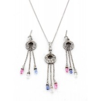 Sterling Silver Dangling Crystal Necklace and Earring Set - NE-E147MIX